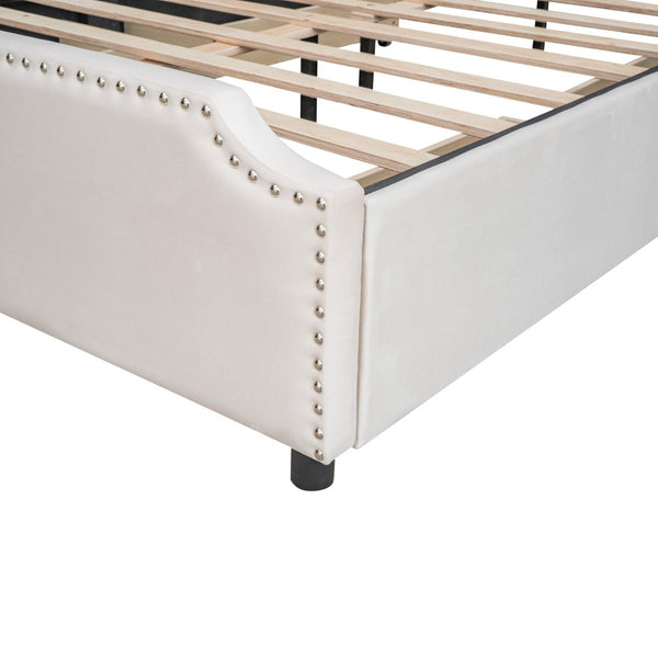 English Elm Upholstered Queen Platform Bed Velvet Fabric Brass Stud Trim Four Storage Drawers LP000124AAA