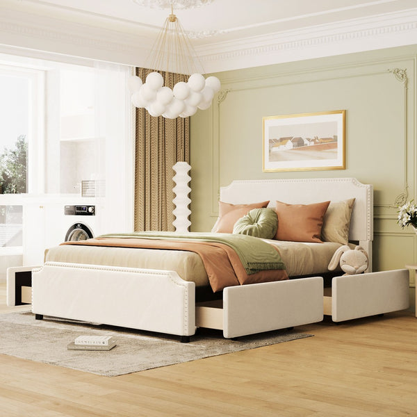 English Elm Upholstered Queen Platform Bed Velvet Fabric Brass Stud Trim Four Storage Drawers LP000124AAA
