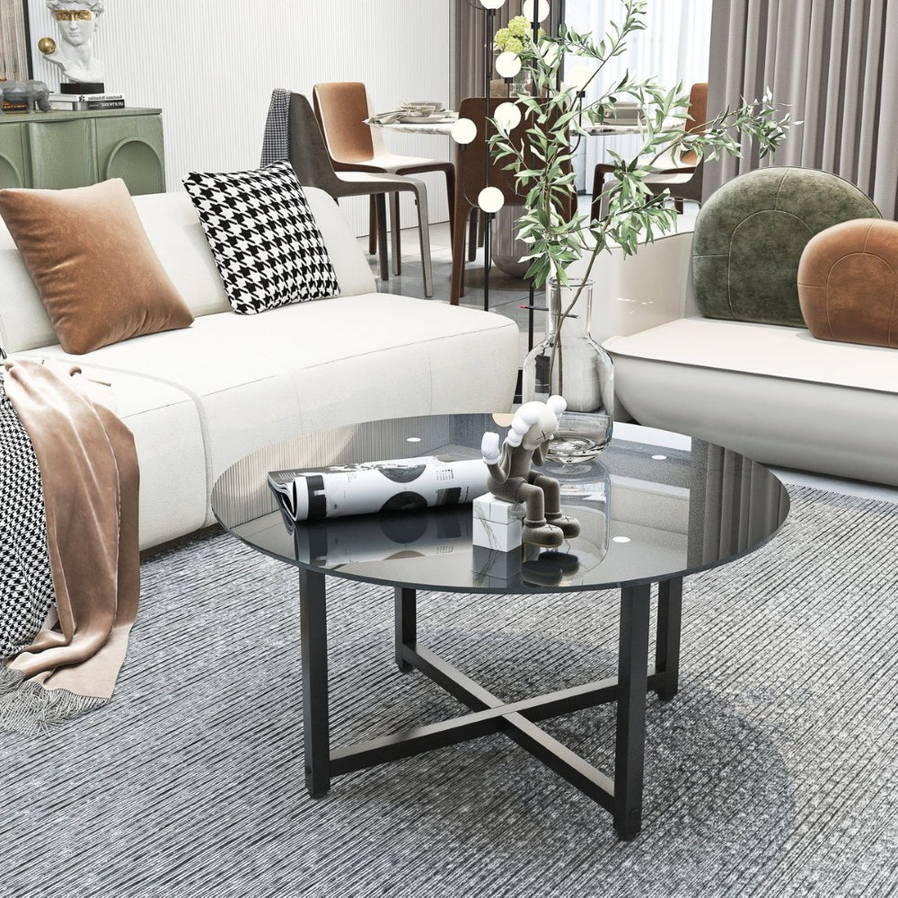 English Elm 35.5'' Round Tempered Glass Coffee Table Transparent Modern Living Room Center W24157589