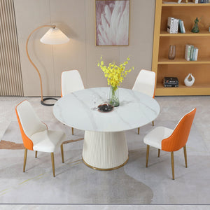 English Elm 53 Inch Sintered Stone Carrara White Dining Table – 53” Round Modern Eco-Friendly Heat & Stain Resistant Table with Metal, Wood & Leather Base W509S00017