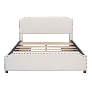 English Elm Upholstered Queen Platform Bed Velvet Fabric Brass Stud Trim Four Storage Drawers LP000124AAA