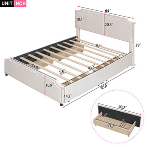English Elm Upholstered Queen Platform Bed Velvet Fabric Brass Stud Trim Four Storage Drawers LP000124AAA