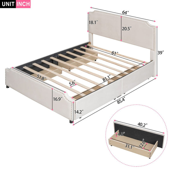 English Elm Upholstered Queen Platform Bed Velvet Fabric Brass Stud Trim Four Storage Drawers LP000124AAA