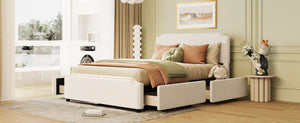 English Elm Upholstered Queen Platform Bed Velvet Fabric Brass Stud Trim Four Storage Drawers LP000124AAA