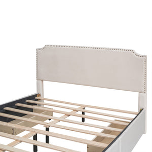 English Elm Upholstered Queen Platform Bed Velvet Fabric Brass Stud Trim Four Storage Drawers LP000124AAA