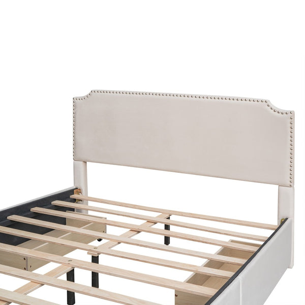 English Elm Upholstered Queen Platform Bed Velvet Fabric Brass Stud Trim Four Storage Drawers LP000124AAA