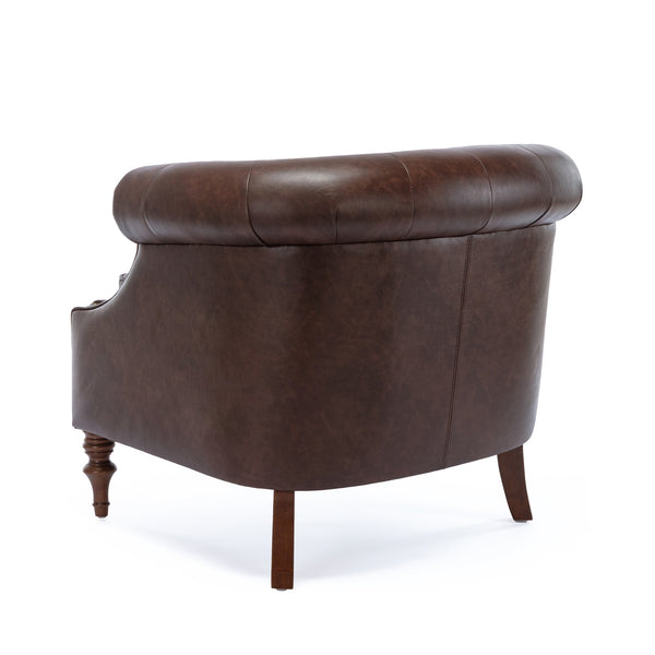 English Elm Ophelia Brown Button Tufted Accent Chair with Nailhead Trim, Barrel Back, Faux Leather Comfort B05077635