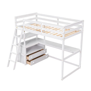 English Elm Twin Loft Bed with Built-In Desk, Shelves and Two Drawers — Pine Wood Sturdy Space-Saving Design White GX000423AAK