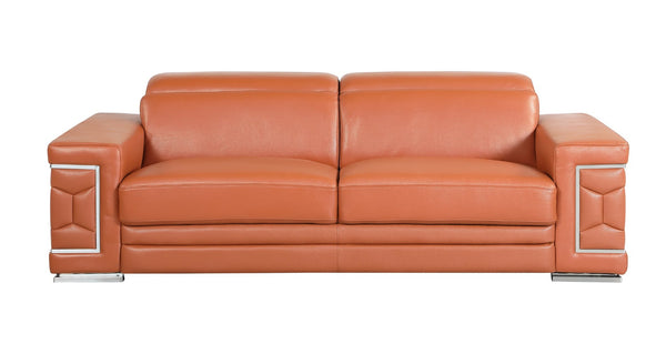 English Elm Top Grain Italian Leather Sofa with Chrome Legs for a Modern Living Room Camel B05777912
