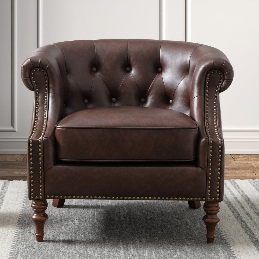 English Elm Ophelia Brown Button Tufted Accent Chair with Nailhead Trim, Barrel Back, Faux Leather Comfort B05077635