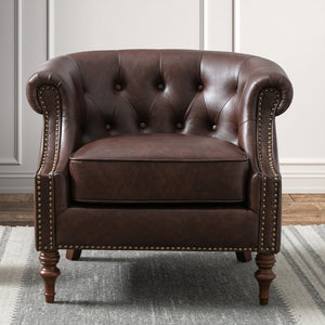 English Elm Ophelia Brown Button Tufted Accent Chair with Nailhead Trim, Barrel Back, Faux Leather Comfort B05077635