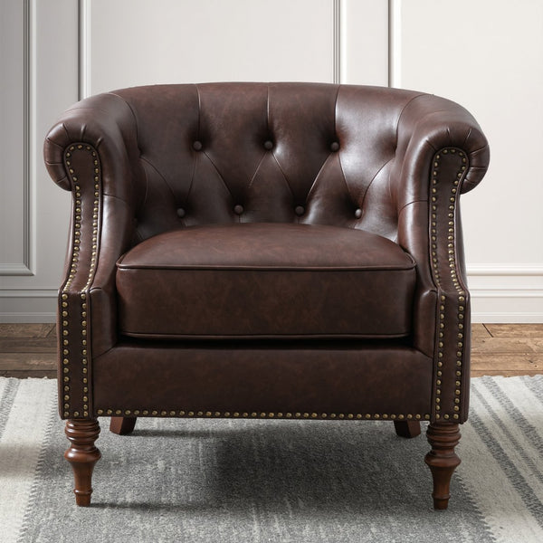 English Elm Ophelia Brown Button Tufted Accent Chair with Nailhead Trim, Barrel Back, Faux Leather Comfort B05077635