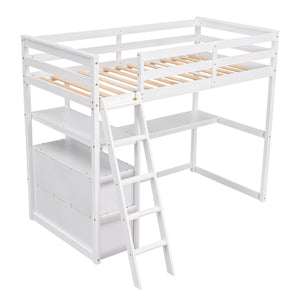 English Elm Twin Loft Bed with Built-In Desk, Shelves and Two Drawers — Pine Wood Sturdy Space-Saving Design White GX000423AAK