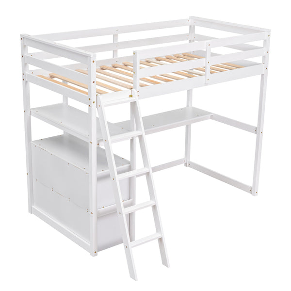 English Elm Twin Loft Bed with Built-In Desk, Shelves and Two Drawers — Pine Wood Sturdy Space-Saving Design White GX000423AAK