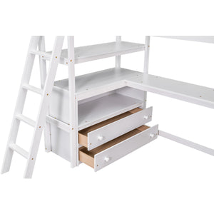 English Elm Twin Loft Bed with Built-In Desk, Shelves and Two Drawers — Pine Wood Sturdy Space-Saving Design White GX000423AAK
