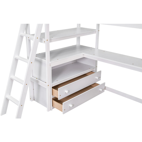 English Elm Twin Loft Bed with Built-In Desk, Shelves and Two Drawers — Pine Wood Sturdy Space-Saving Design White GX000423AAK