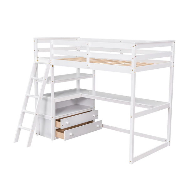 English Elm Twin Loft Bed with Built-In Desk, Shelves and Two Drawers — Pine Wood Sturdy Space-Saving Design White GX000423AAK