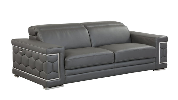 English Elm Top Grain Italian Leather Sofa with Chrome Legs for a Modern Living Room Dark Gray B05777915
