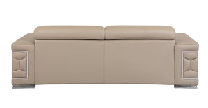 English Elm Top Grain Italian Leather Sofa with Chrome Legs for Modern Living Rooms Beige B05777906