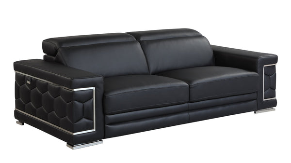 English Elm Top Grain Italian Leather Sofa with Chrome Legs for Modern Living Rooms Black B05777909