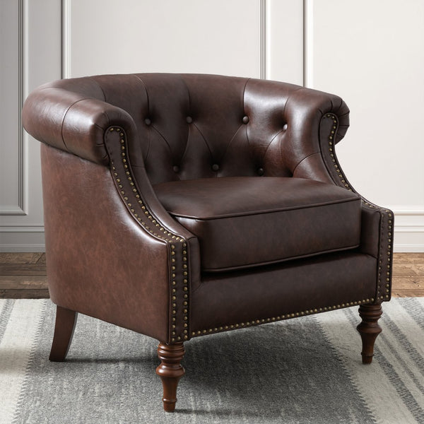 English Elm Ophelia Brown Button Tufted Accent Chair with Nailhead Trim, Barrel Back, Faux Leather Comfort B05077635