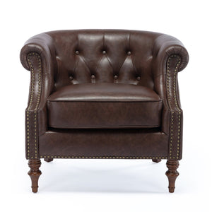 English Elm Ophelia Brown Button Tufted Accent Chair with Nailhead Trim, Barrel Back, Faux Leather Comfort B05077635