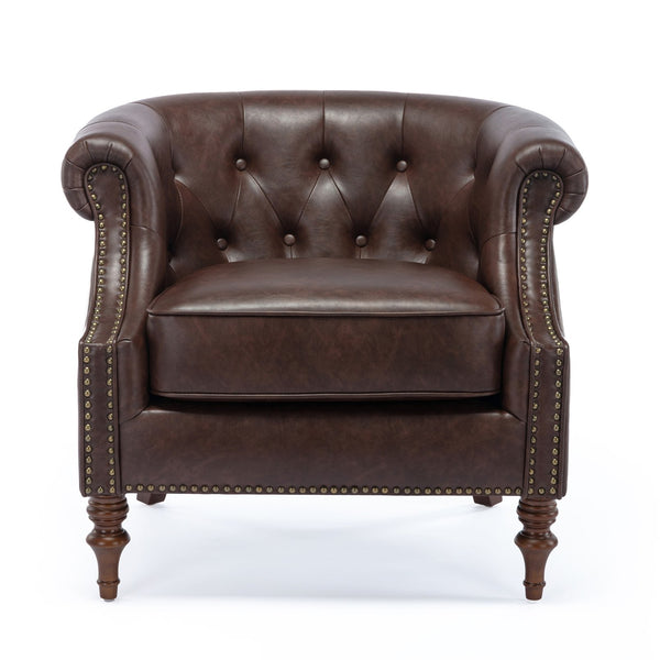 English Elm Ophelia Brown Button Tufted Accent Chair with Nailhead Trim, Barrel Back, Faux Leather Comfort B05077635