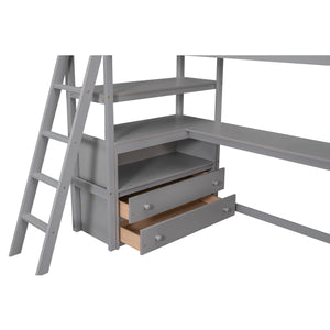 English Elm Twin Loft Bed with Built-In Desk, Shelves and Two Drawers — Pine Wood Sturdy Space-Saving Design Gray GX000423AAE