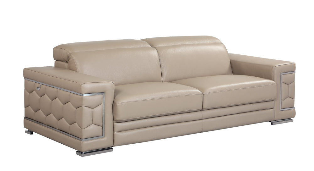 English Elm Top Grain Italian Leather Sofa with Chrome Legs for Modern Living Rooms Beige B05777906