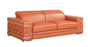 English Elm Top Grain Italian Leather Sofa with Chrome Legs for a Modern Living Room Camel B05777912