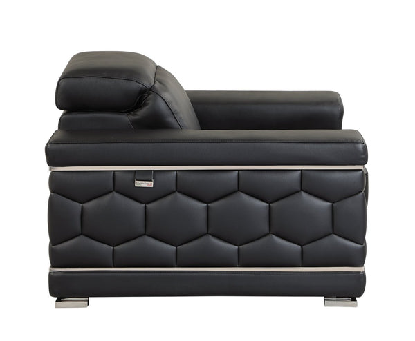 English Elm Top Grain Italian Leather Sofa with Chrome Legs for Modern Living Rooms Black B05777909