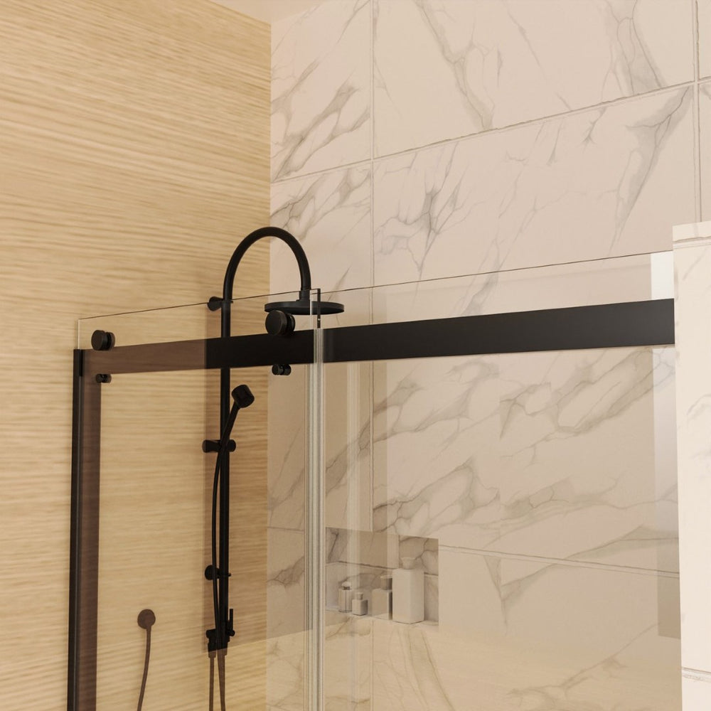 English Elm 60 Inch Matte Black Bypass Sliding Shower Door with Tempered Clear Glass Panels W637P189749