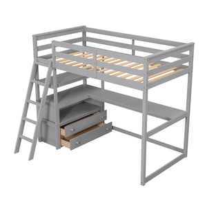 English Elm Twin Loft Bed with Built-In Desk, Shelves and Two Drawers — Pine Wood Sturdy Space-Saving Design Gray GX000423AAE