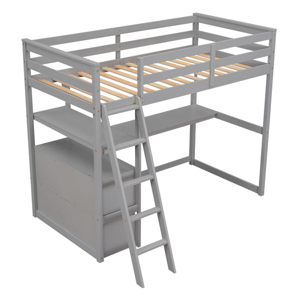 English Elm Twin Loft Bed with Built-In Desk, Shelves and Two Drawers — Pine Wood Sturdy Space-Saving Design Gray GX000423AAE