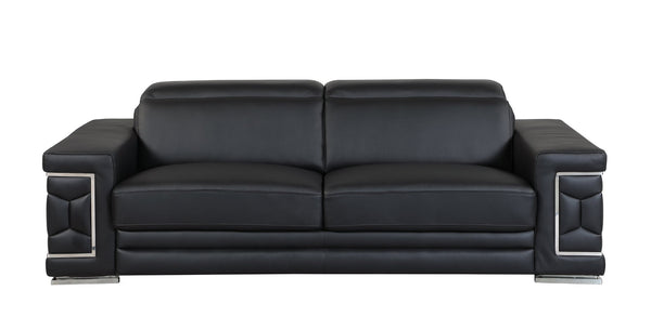 English Elm Top Grain Italian Leather Sofa with Chrome Legs for Modern Living Rooms Black B05777909