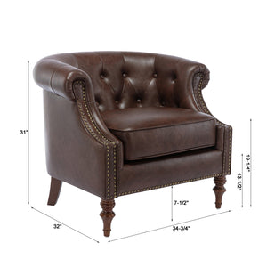 English Elm Ophelia Brown Button Tufted Accent Chair with Nailhead Trim, Barrel Back, Faux Leather Comfort B05077635