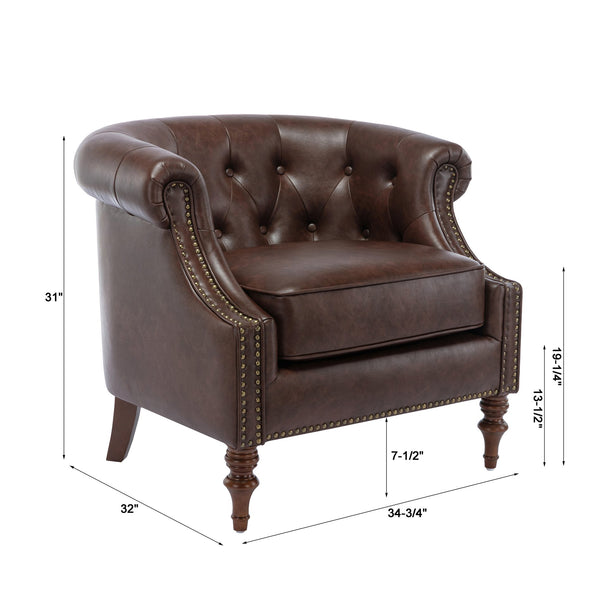 English Elm Ophelia Brown Button Tufted Accent Chair with Nailhead Trim, Barrel Back, Faux Leather Comfort B05077635
