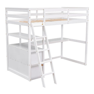 English Elm Twin Loft Bed with Built-In Desk, Shelves and Two Drawers — Pine Wood Sturdy Space-Saving Design White GX000423AAK