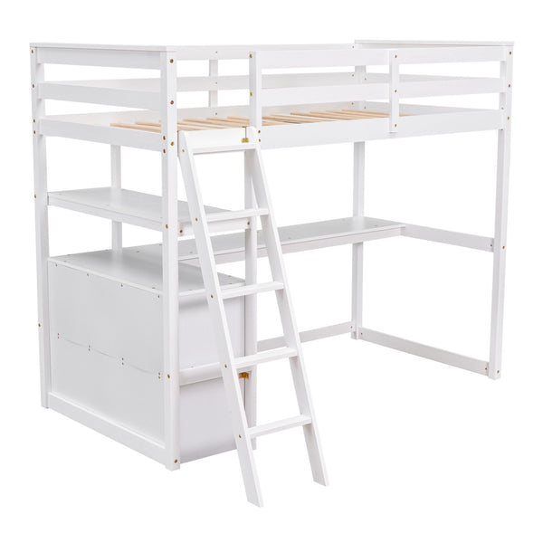 English Elm Twin Loft Bed with Built-In Desk, Shelves and Two Drawers — Pine Wood Sturdy Space-Saving Design White GX000423AAK