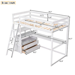 English Elm Twin Loft Bed with Built-In Desk, Shelves and Two Drawers — Pine Wood Sturdy Space-Saving Design White GX000423AAK
