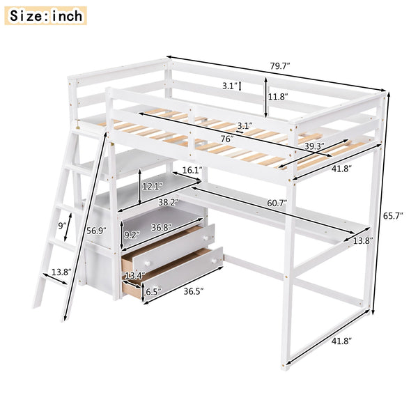 English Elm Twin Loft Bed with Built-In Desk, Shelves and Two Drawers — Pine Wood Sturdy Space-Saving Design White GX000423AAK