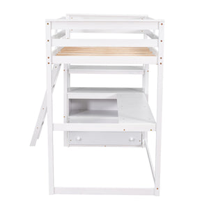 English Elm Twin Loft Bed with Built-In Desk, Shelves and Two Drawers — Pine Wood Sturdy Space-Saving Design White GX000423AAK