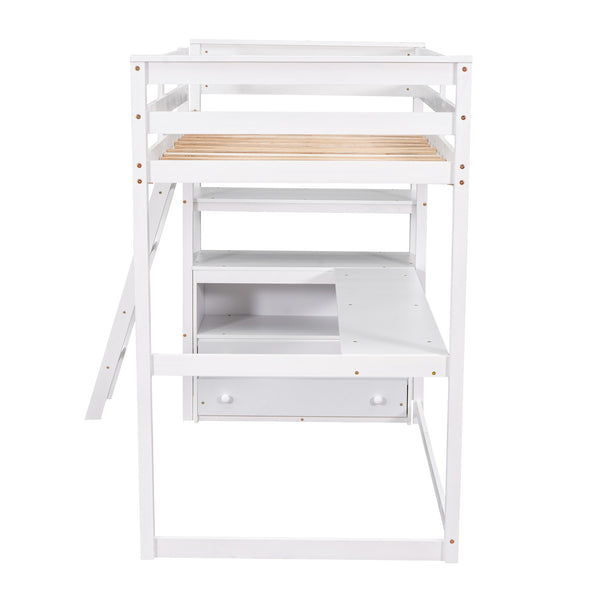 English Elm Twin Loft Bed with Built-In Desk, Shelves and Two Drawers — Pine Wood Sturdy Space-Saving Design White GX000423AAK