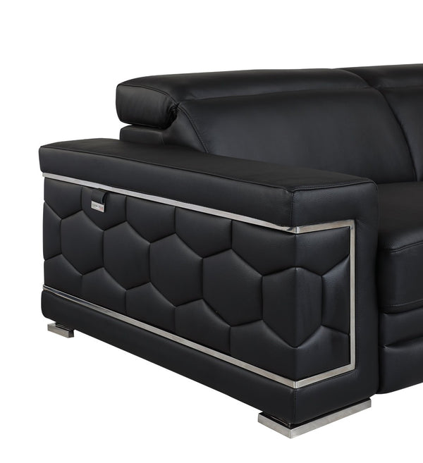English Elm Top Grain Italian Leather Sofa with Chrome Legs for Modern Living Rooms Black B05777909