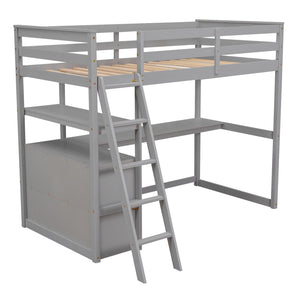 English Elm Twin Loft Bed with Built-In Desk, Shelves and Two Drawers — Pine Wood Sturdy Space-Saving Design Gray GX000423AAE