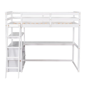 English Elm Twin Loft Bed with Built-In Desk, Shelves and Two Drawers — Pine Wood Sturdy Space-Saving Design White GX000423AAK