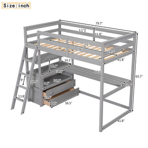 English Elm Twin Loft Bed with Built-In Desk, Shelves and Two Drawers — Pine Wood Sturdy Space-Saving Design Gray GX000423AAE