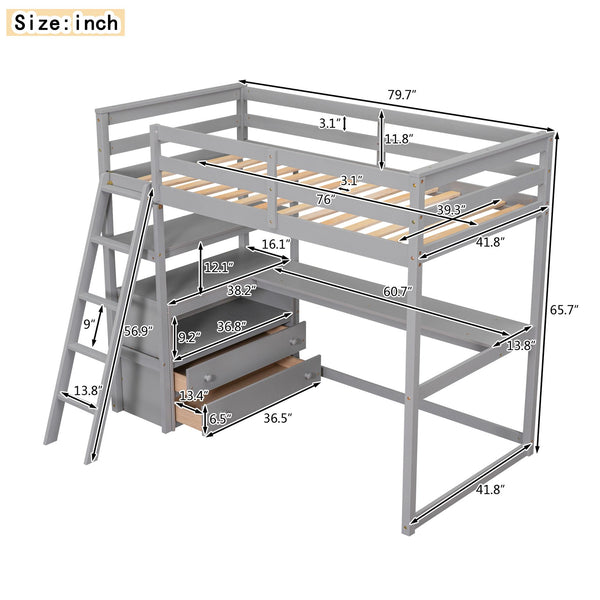 English Elm Twin Loft Bed with Built-In Desk, Shelves and Two Drawers — Pine Wood Sturdy Space-Saving Design Gray GX000423AAE