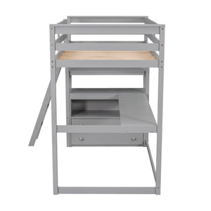 English Elm Twin Loft Bed with Built-In Desk, Shelves and Two Drawers — Pine Wood Sturdy Space-Saving Design Gray GX000423AAE