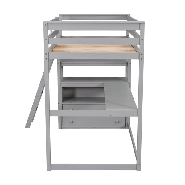 English Elm Twin Loft Bed with Built-In Desk, Shelves and Two Drawers — Pine Wood Sturdy Space-Saving Design Gray GX000423AAE